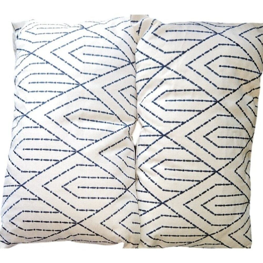 Throw Pillows 20" x12" Navy & White Embroidered Geometric Pattern Decorative